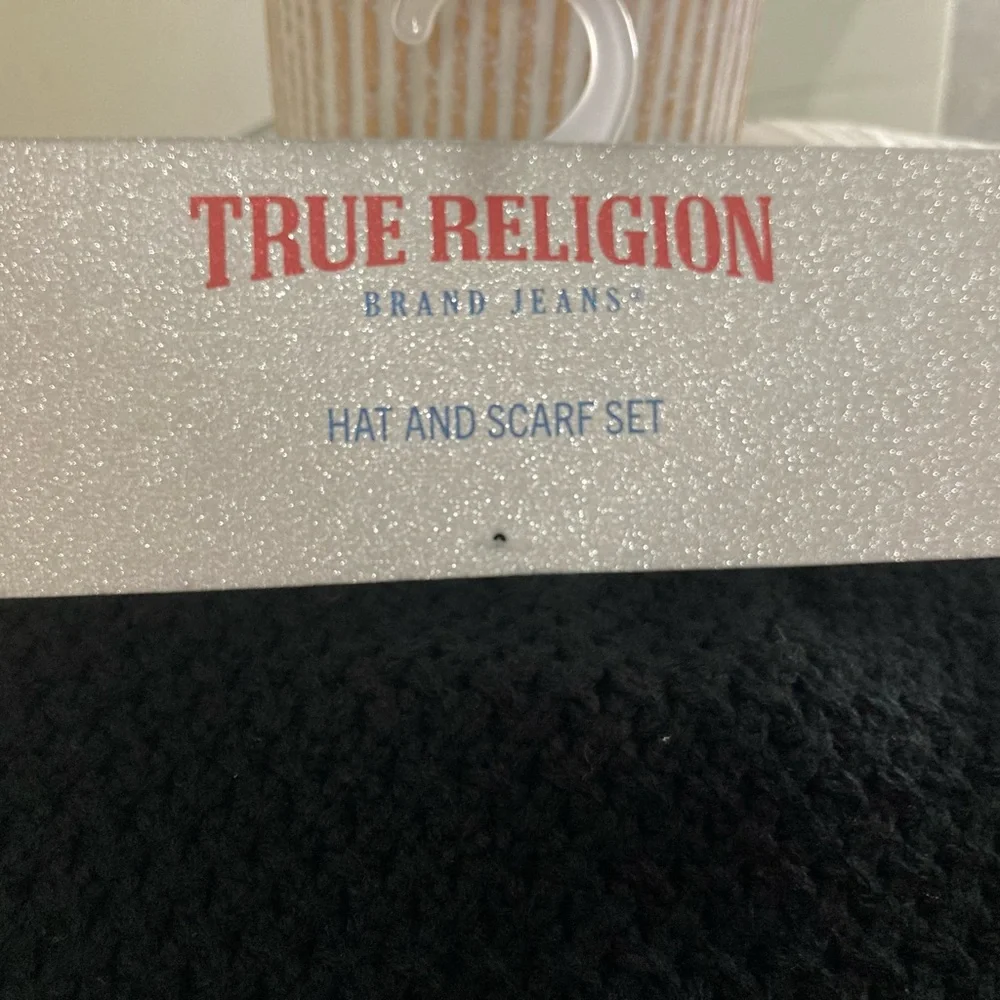 True Religion Black Knit Logo Beanie & Scarf Set One Size
